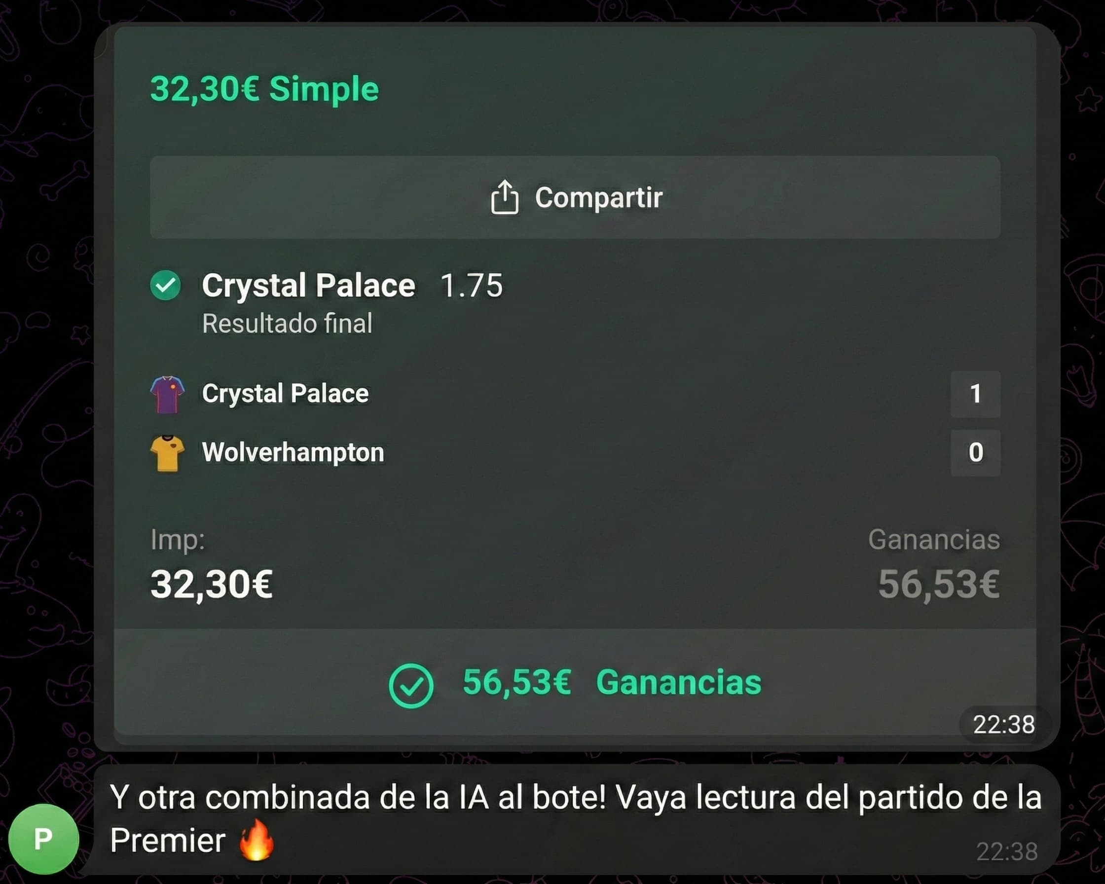 Boleto ganador de apuestas deportivas confirmado por usuario de Master Picks AI en la Premier League