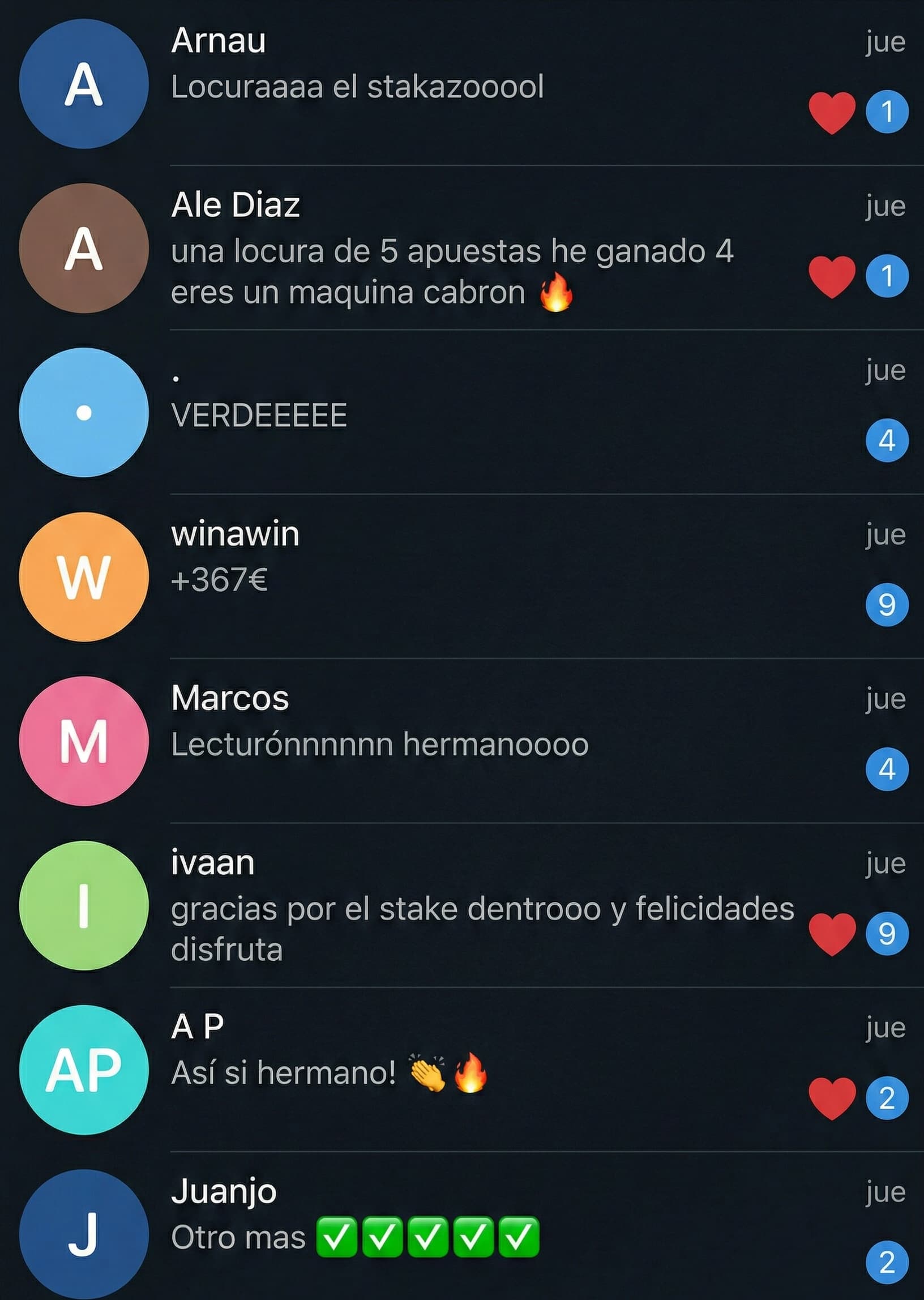 Comunidad de Telegram de Master Picks AI celebrando los aciertos de Stakazos VIP